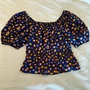 Madewell Smocked Waist Crop Top in Aloha Floral Puff Sleeve Cotton Peasant Top